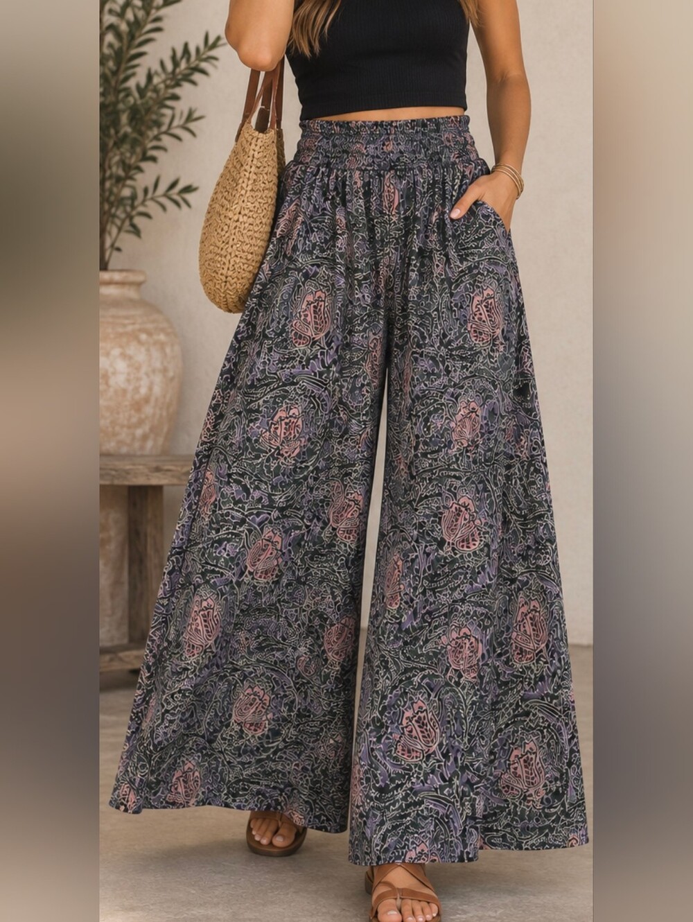 Entro Paisley Floral Wide Leg Palazzo Pants Smocked Waist Boho Size M